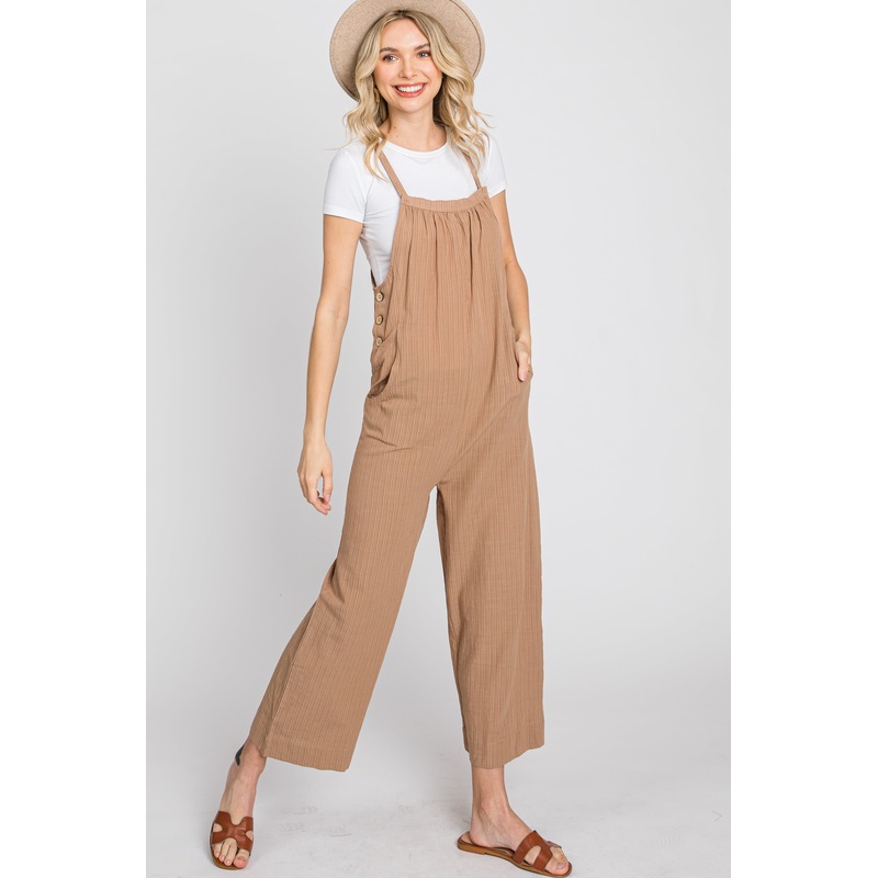 Taupe Striped Wide Leg Cropped Overalls