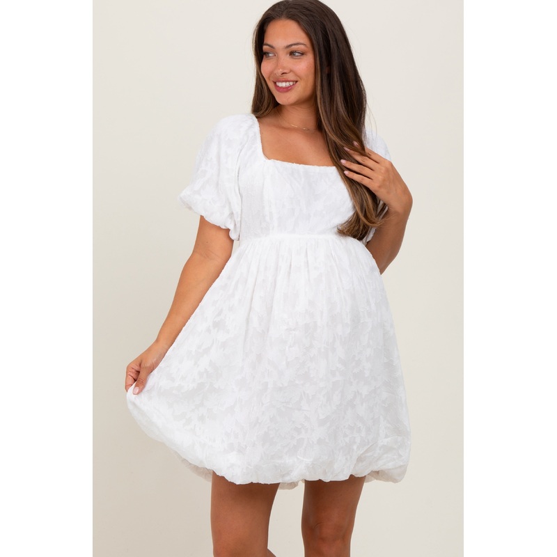 White Chiffon Jacquard Print Square Neck Maternity Bubble Dress