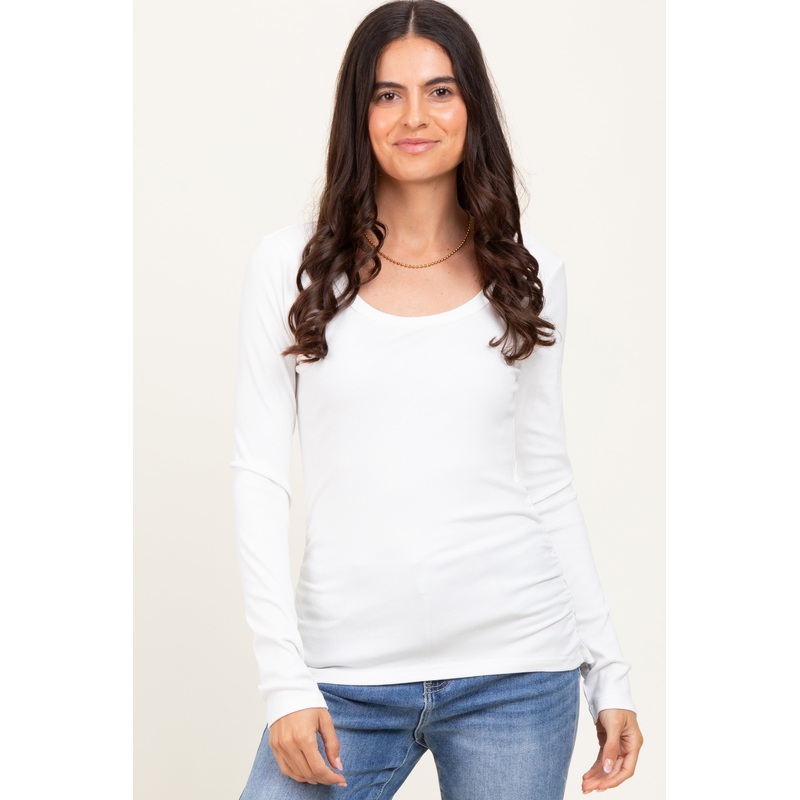 White Ribbed Ruched Long Sleeve Top