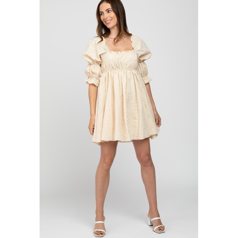 Beige Floral Eyelet 3/4 Puff Sleeve Dress