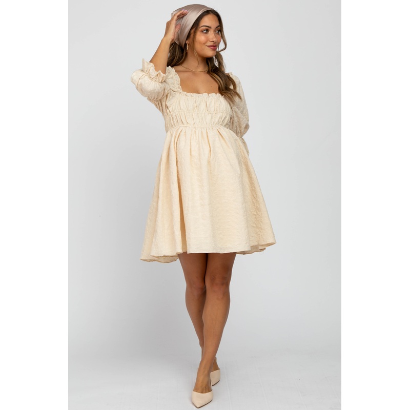 Beige Floral Eyelet 3/4 Puff Sleeve Maternity Dress