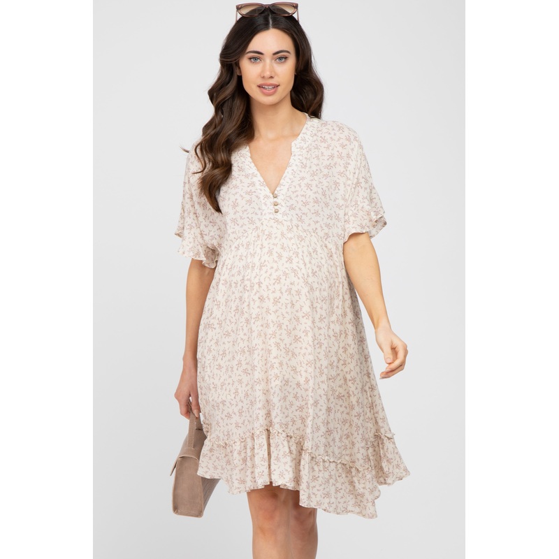 Beige Floral Short Sleeve Ruffle Hem Maternity Dress