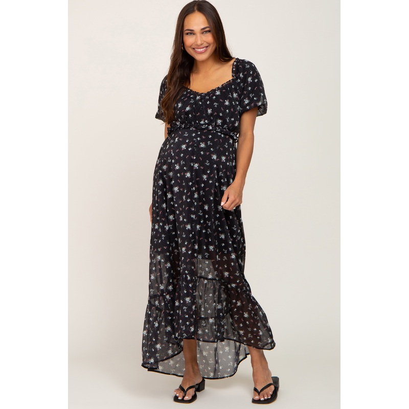 Black Floral Button Accent Puff Sleeve Maternity Maxi Dress