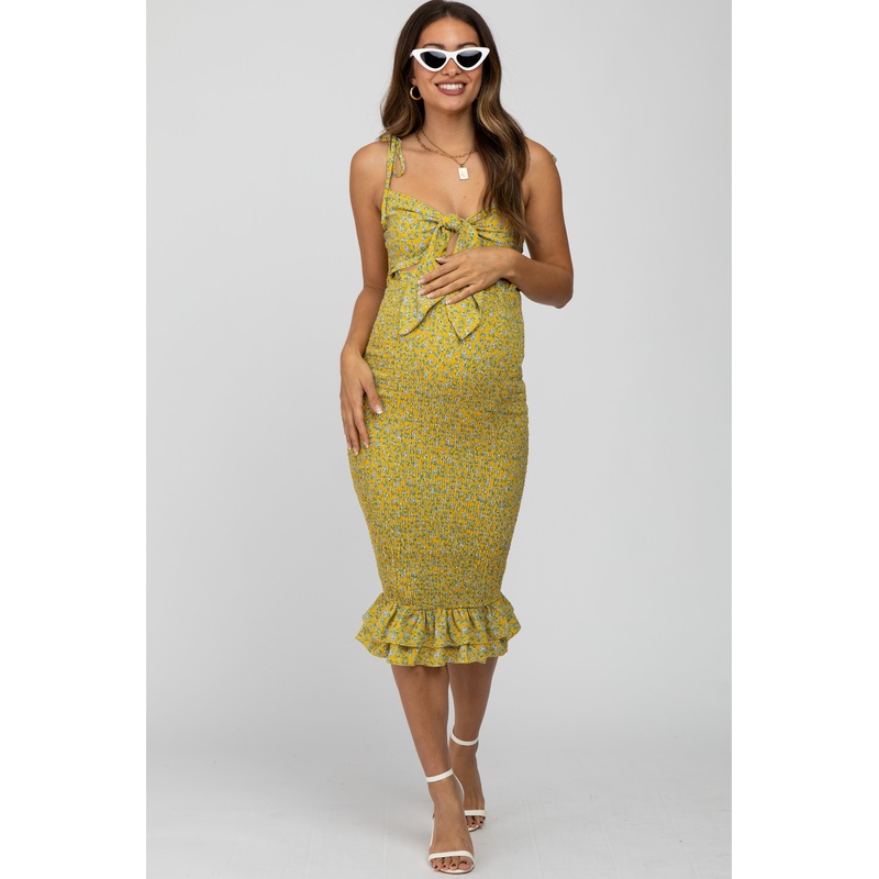 Yellow Floral Tied Front Cutout Smocked Maternity Dress