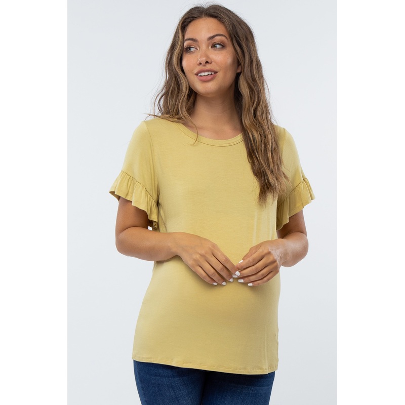 Yellow Ruffle Trim Short Sleeve Maternity Top