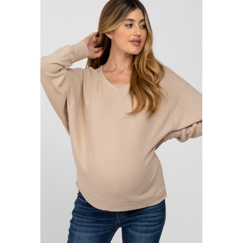 Beige Dolman Sleeve Brushed Knit Maternity Top