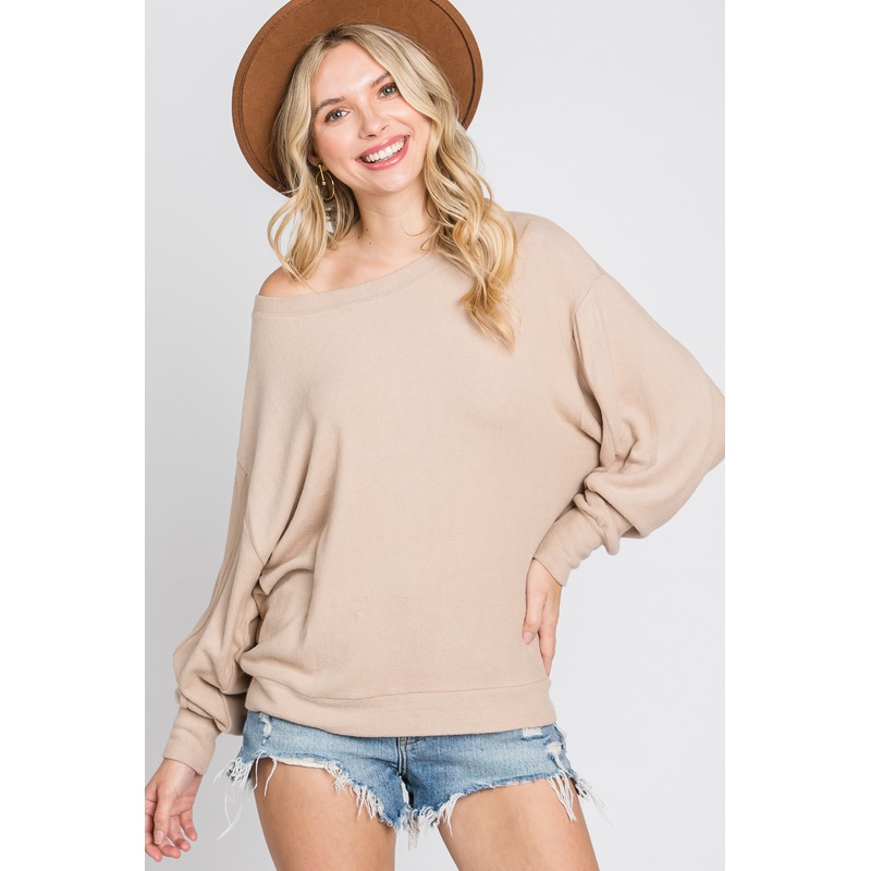 Beige Dolman Sleeve Brushed Knit Top