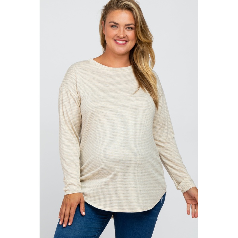Beige Plaid Print Long Sleeve Maternity Plus Top