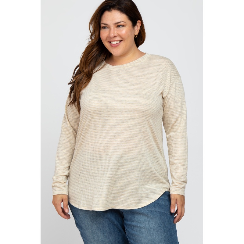 Beige Plaid Print Long Sleeve Plus Top