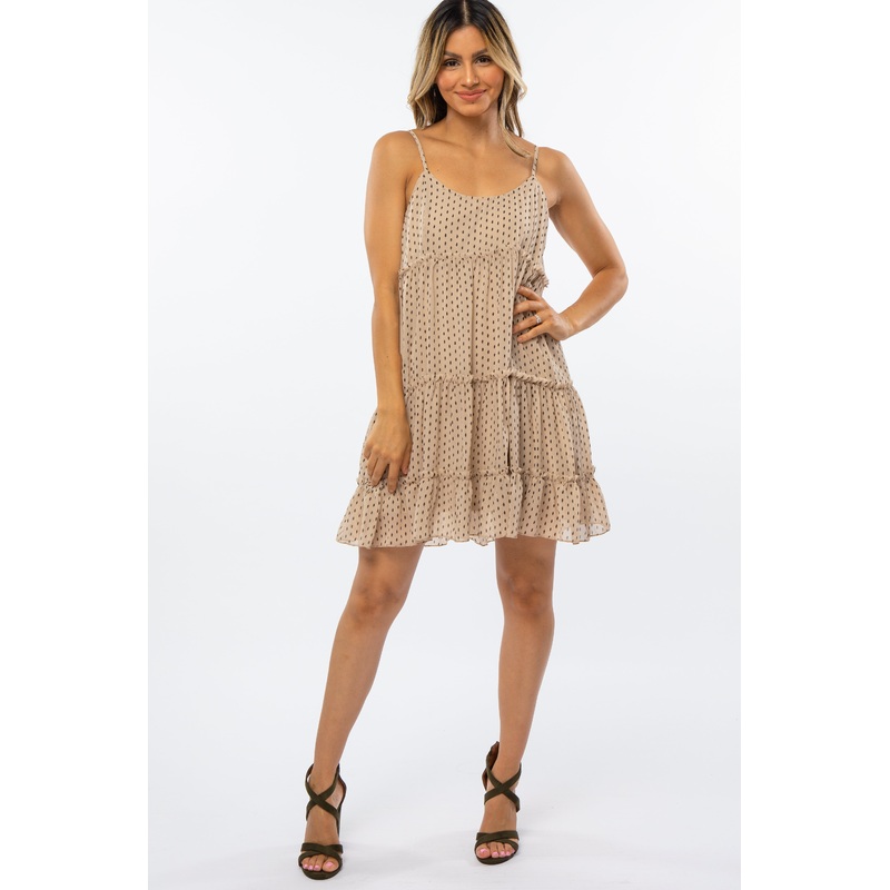 Beige Polka Dot Ruffle Tiered Dress