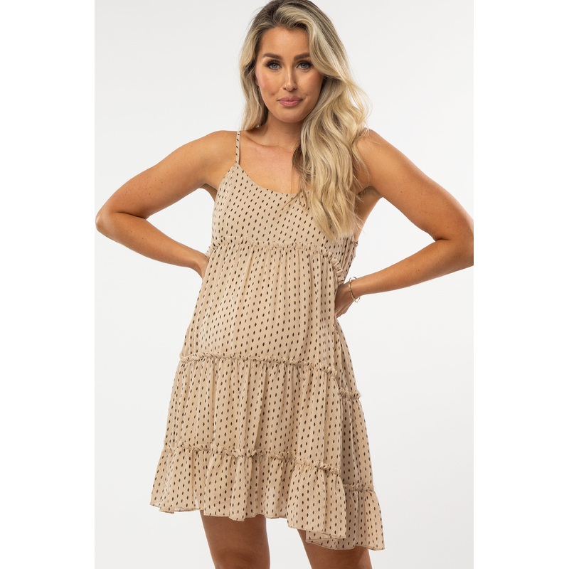 Beige Polka Dot Ruffle Tiered Maternity Dress