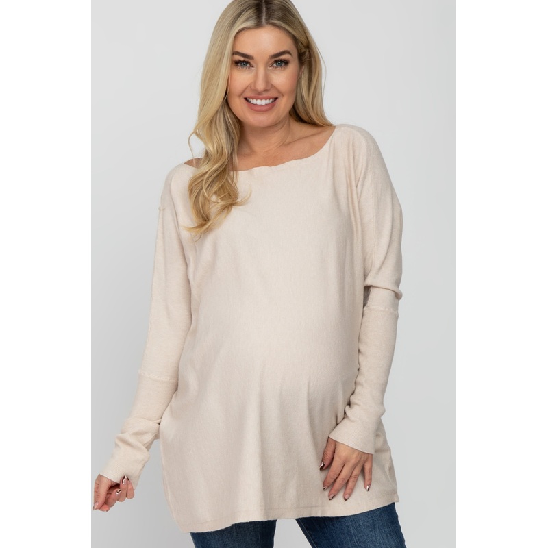 Beige Soft Knit Boatneck Dolman Sleeve Maternity Sweater