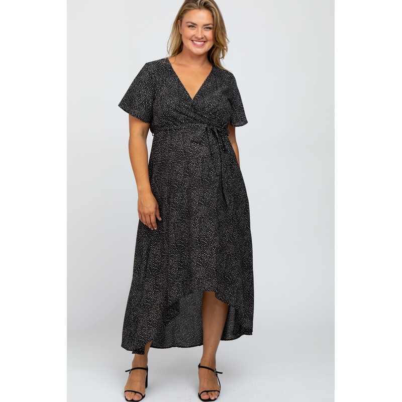 Black Dot Print Maternity Plus Hi-Lo Wrap Dress