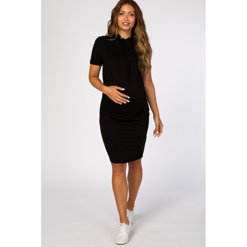 Black Fitted Hooded Maternity Dress