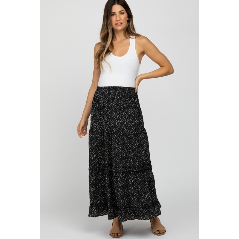 Black Floral Chiffon Ruffle Tiered Maternity Maxi Skirt
