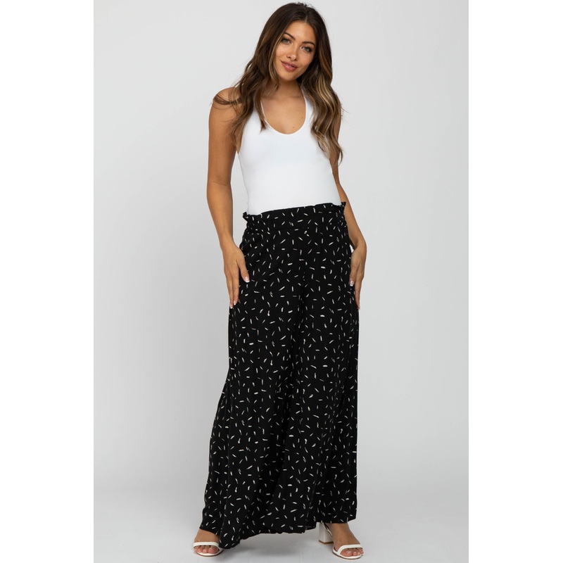 Black Printed Pleated Waist Maternity Pants