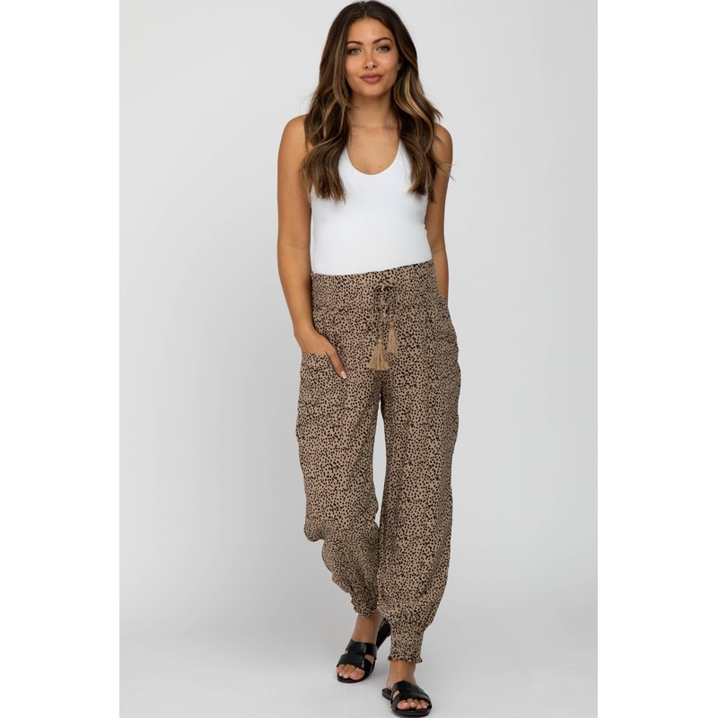 Taupe Abstract Dot Print Smocked Waist Maternity Pants