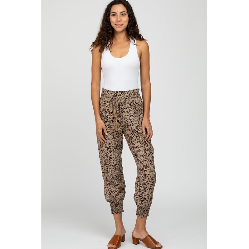 Taupe Abstract Dot Print Smocked Waist Pants