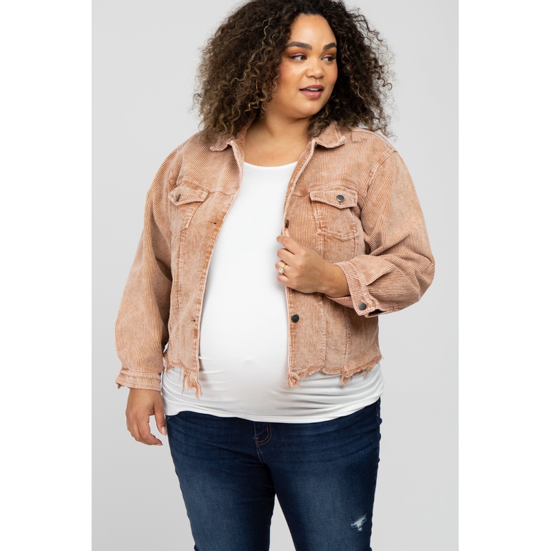 Taupe Corduroy Distressed Hem Cropped Maternity Plus Jacket