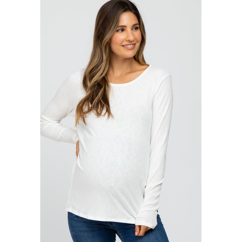 White Knit Ribbed Long Sleeve Maternity Top