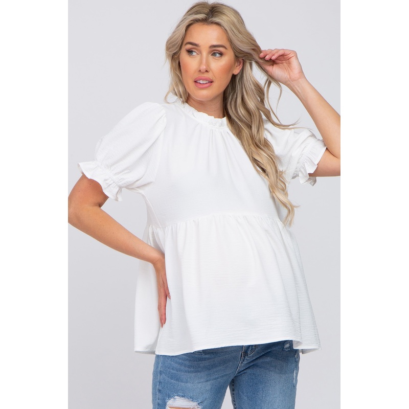White Ruffle Trim Maternity Blouse