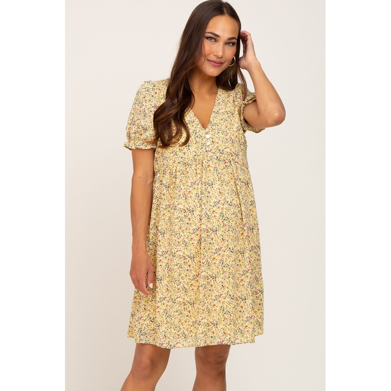 Yellow Floral V-Neck Button Maternity Dress