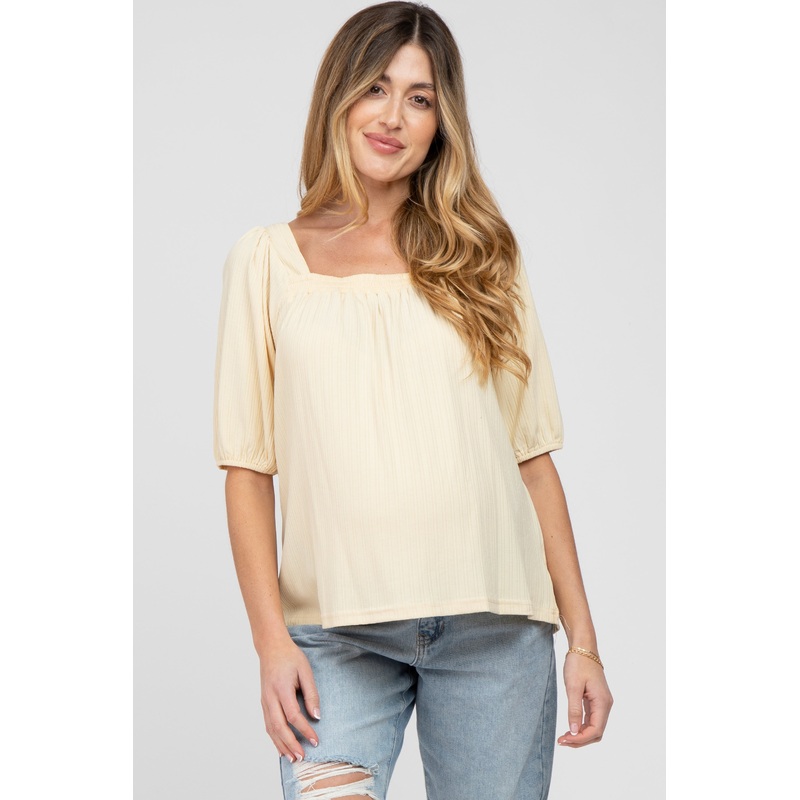 Yellow Ribbed Square Neck Maternity Top