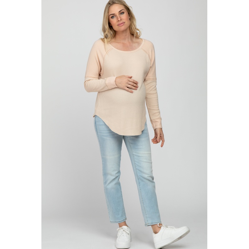 Beige Mixed Knit Round Hem Maternity Top