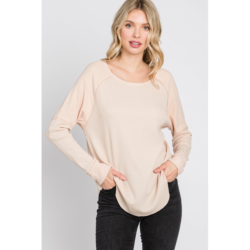 Beige Mixed Knit Round Hem Top