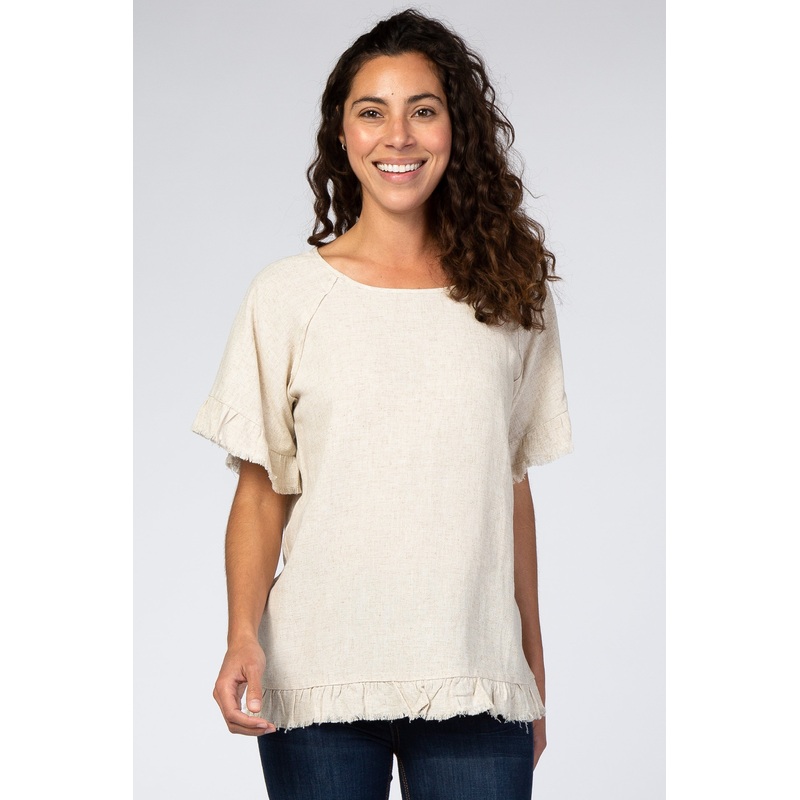 Beige Short Sleeve Fringe Ruffle Trim Blouse