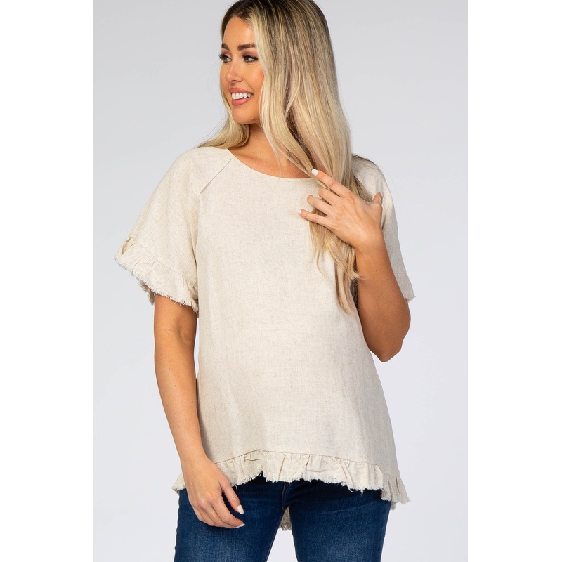Beige Short Sleeve Fringe Ruffle Trim Maternity Blouse