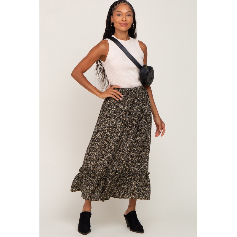Black Floral Button Accent Midi Skirt