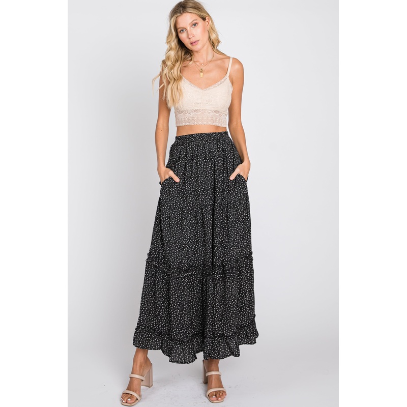 Black Floral Chiffon Ruffle Tiered Maxi Skirt