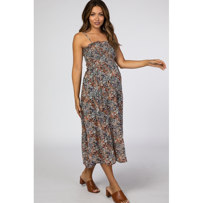 Black Floral Chiffon Smocked Maternity Midi Dress