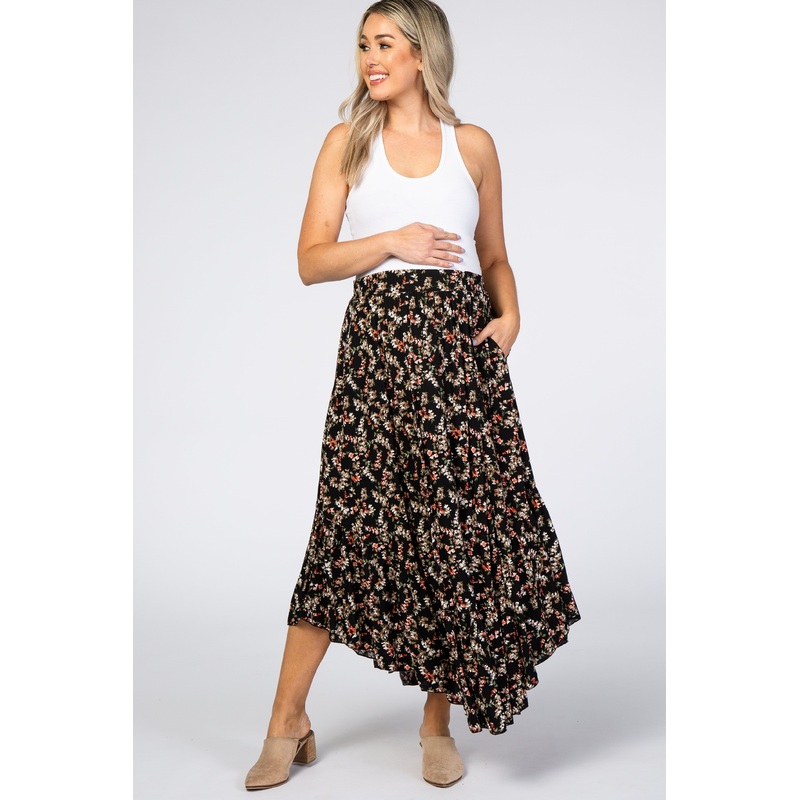 Black Floral Ruffle Maternity Skirt