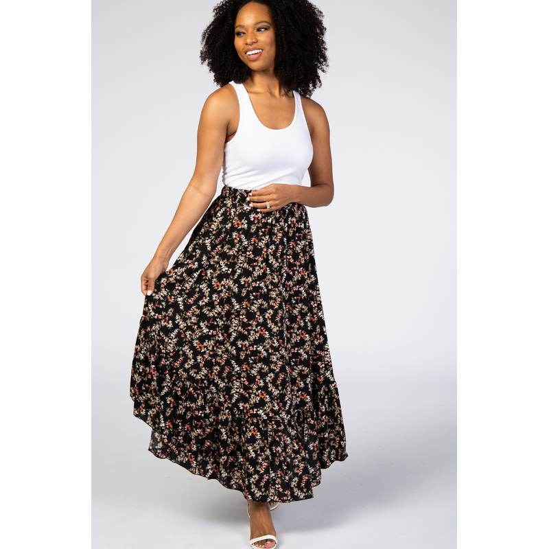 Black Floral Ruffle Skirt