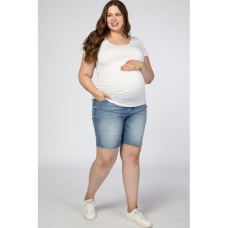 Light Blue Raw Hem Maternity Plus Jean Shorts