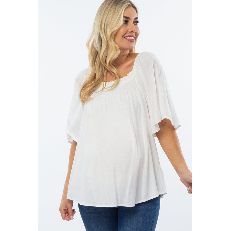 White Linen Smocked Short Sleeve Maternity Top