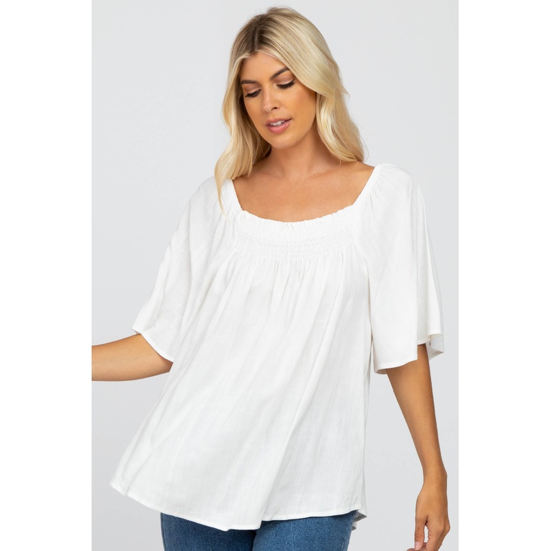 White Linen Smocked Short Sleeve Top