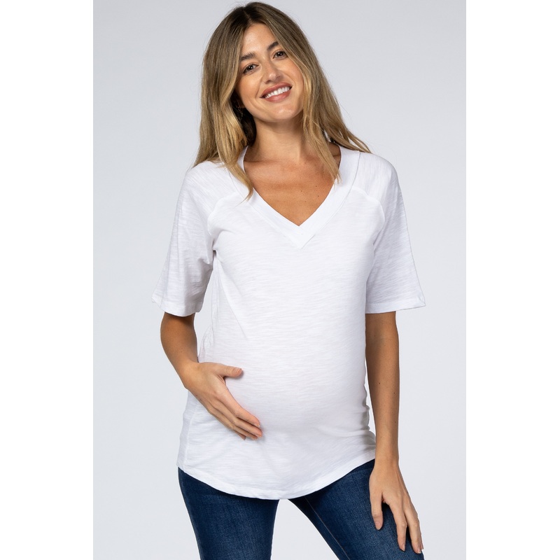 White V-Neck Raw Hem Short Sleeve Maternity Top