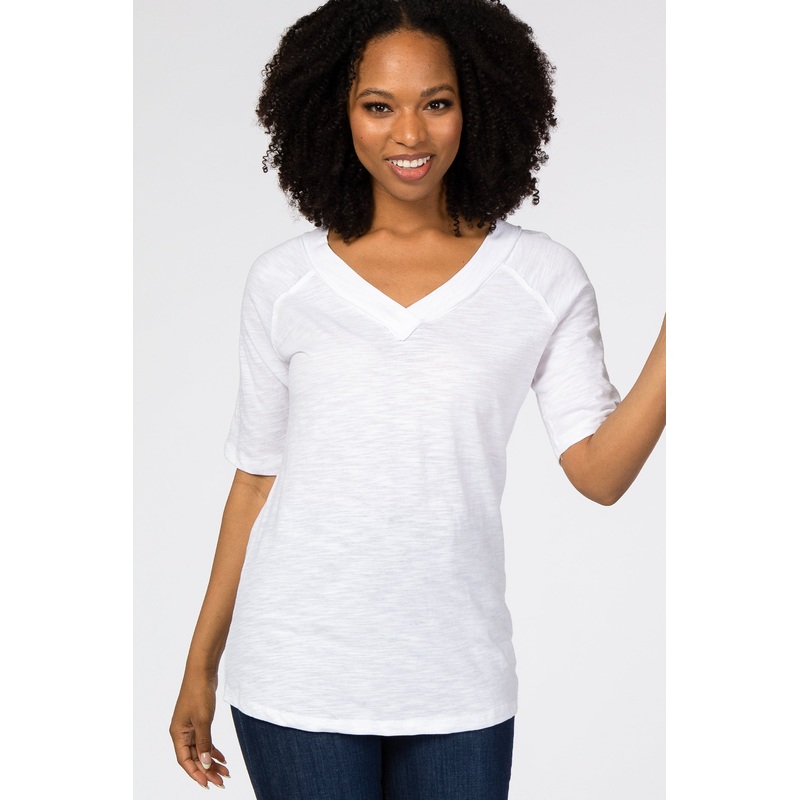 White V-Neck Raw Hem Short Sleeve Top