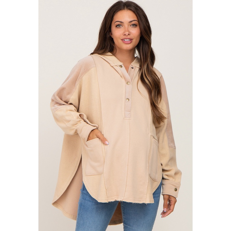 Beige Soft Mixed Knit Button Front Hooded Maternity Top
