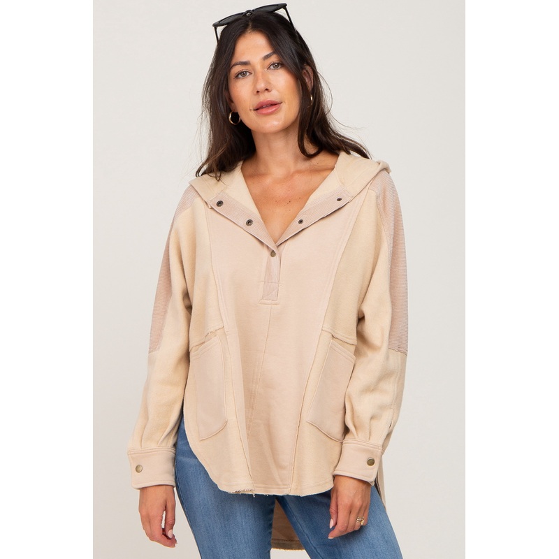 Beige Soft Mixed Knit Button Front Hooded Top