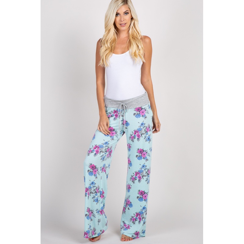 Mint Green Floral Drawstring Lounge Pants