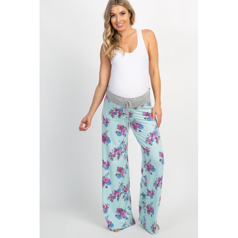 Mint Green Floral Drawstring Maternity Lounge Pants