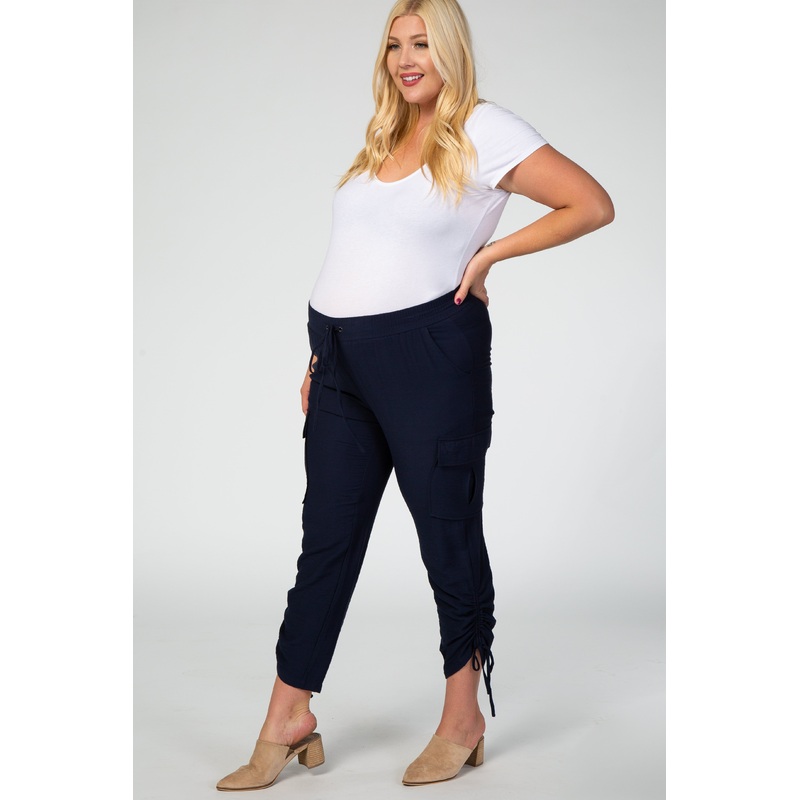 Navy Blue Side Tie Plus Maternity Cargo Pants