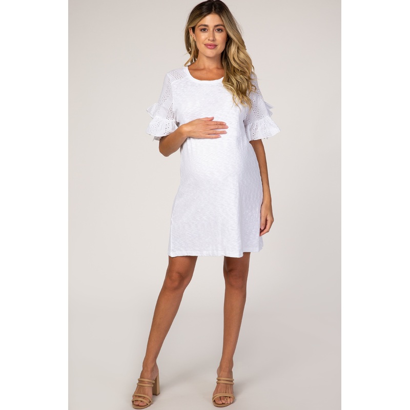 White Crochet Eyelet Sleeve Maternity Dress