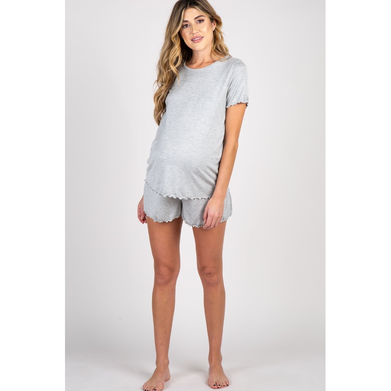 Heather Grey Ruffle Trim Maternity Pajama Set