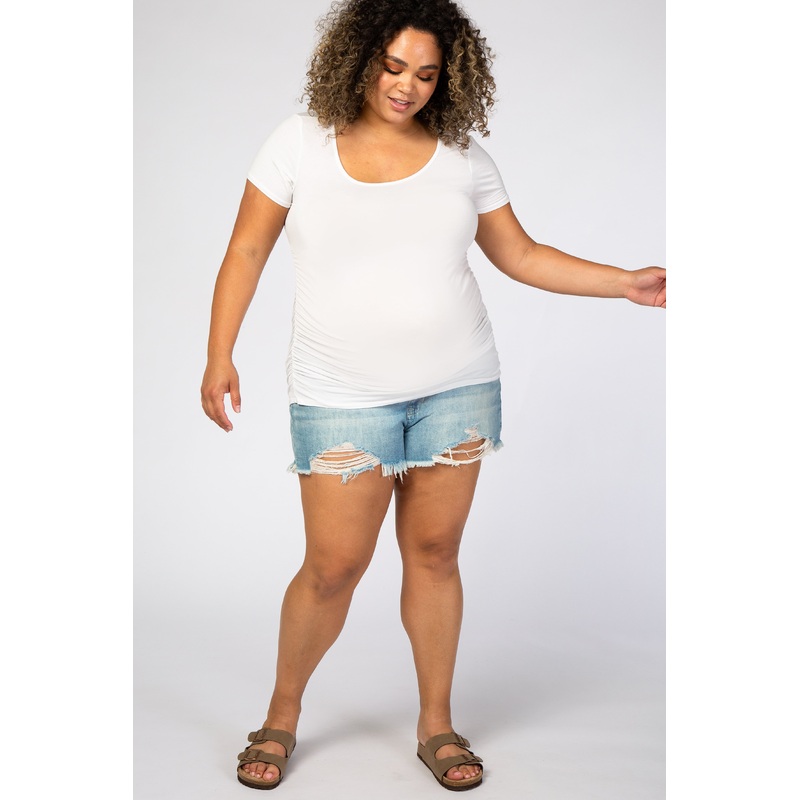Light Blue Distressed Hem Maternity Plus Jean Shorts
