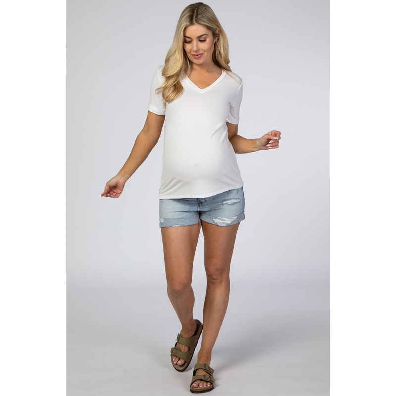 Light Blue Distressed Rolled Cuff Maternity Jean Shorts